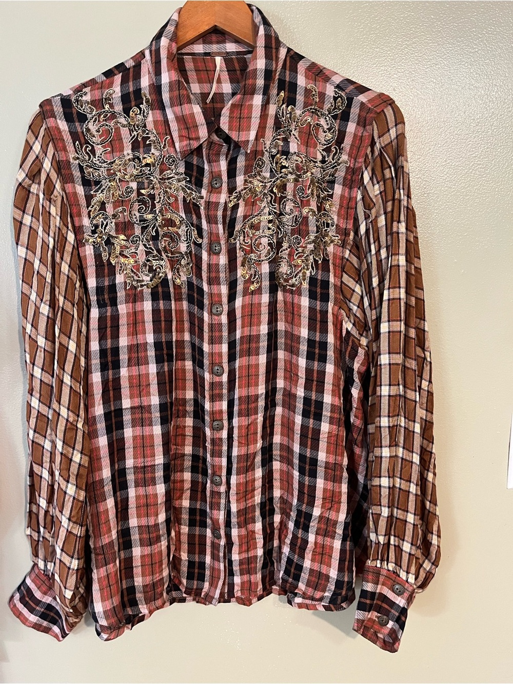 Free People Women’s Plaid Button-Up Top with Embroidered Sequined M